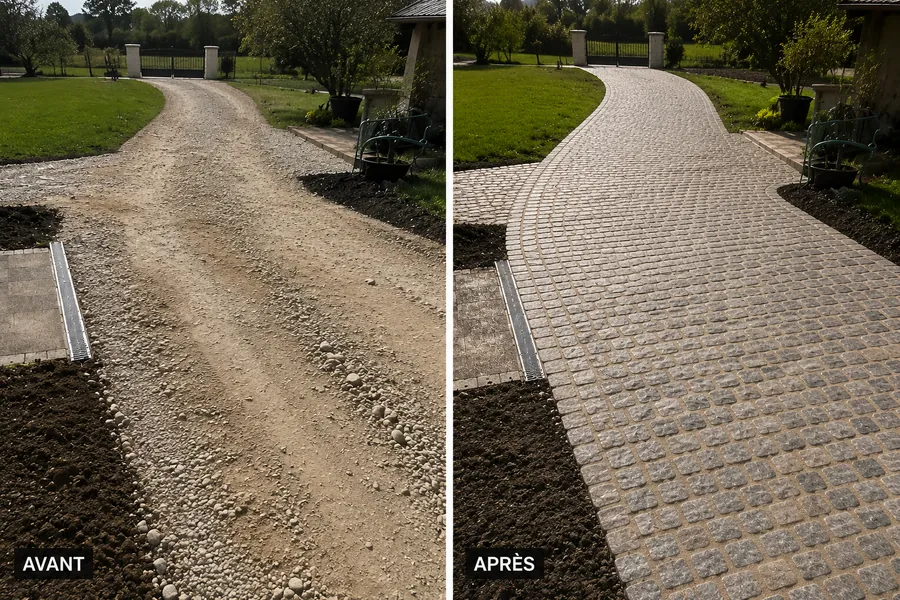 Avant / après : chemin en terre remplacé par une allée carrossable stabilisée.