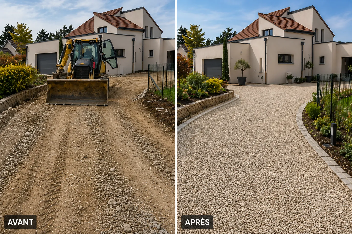 Chantier de terrassement de chemin d’accès — pelle, grave et compactage.